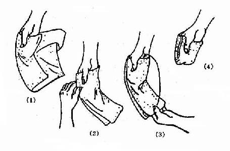 图13-11 小毛巾缠手上成手套式 ④使病人侧卧,露出背部,垫上大毛巾,从